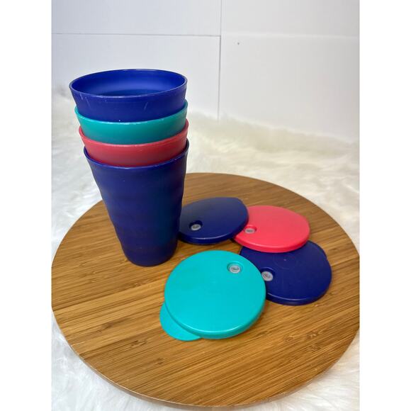 Tupperware 16 Ounce Cup Tumbler with Dripless Straw Hole Seal/Lid Set of 4 - Picture 1 of 4